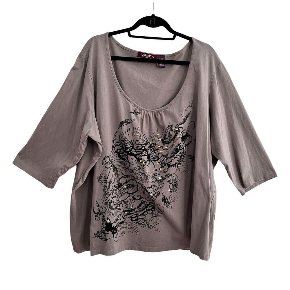 Taillissime Top 26 Gray Graphic T-Shirt Scoop Neck 3/4 Sleeve Embellished